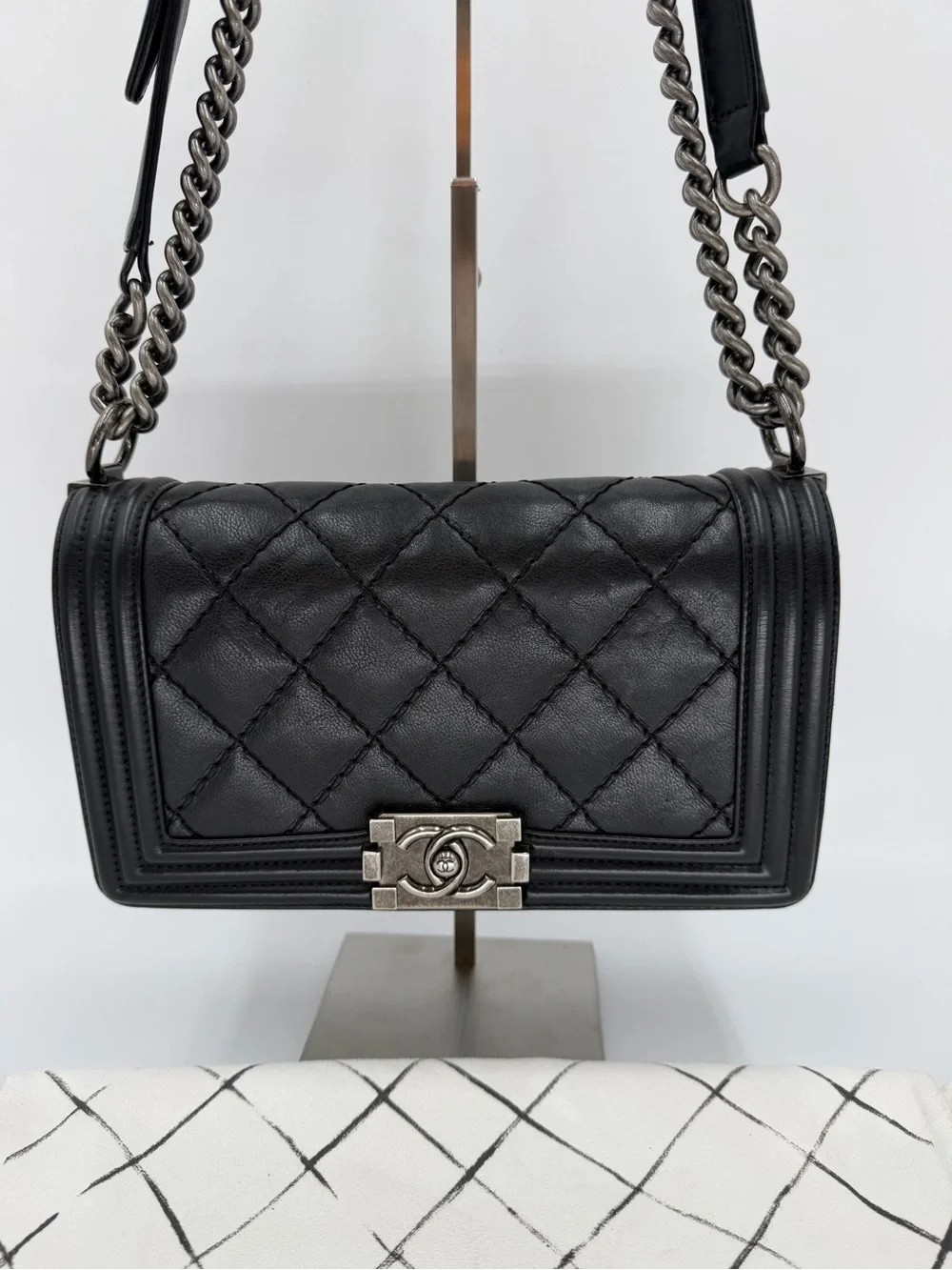 CHANEL Medium Boy Bag Black Quilted Leather with Aged Silver Hardware w/Dust Bag